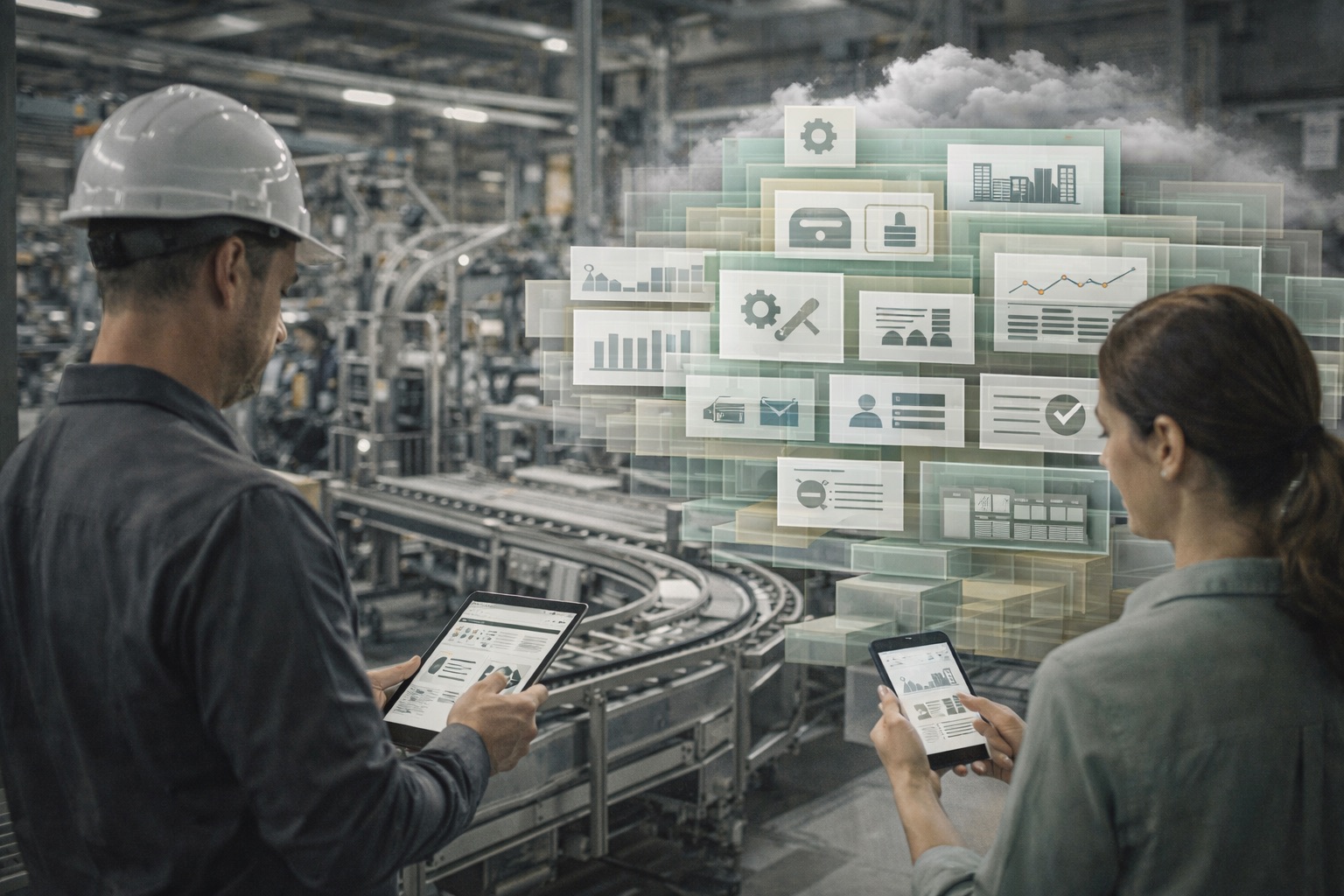 Operación industrial con datos de producción, tiempos, costes y personal